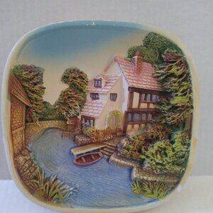 Vintage Wall Plate 3D Chalkware House W Boat By Legend Products England 8"x8"